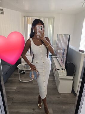 Elegant White Button-Front Midi Dress - Sophisticated Women's Dress